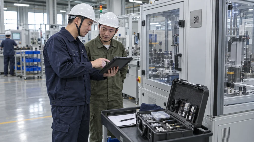设备现场维保场景示意：佩戴安全帽的服务工程师与客户操作人员核对设备身份、维保清单和备件。