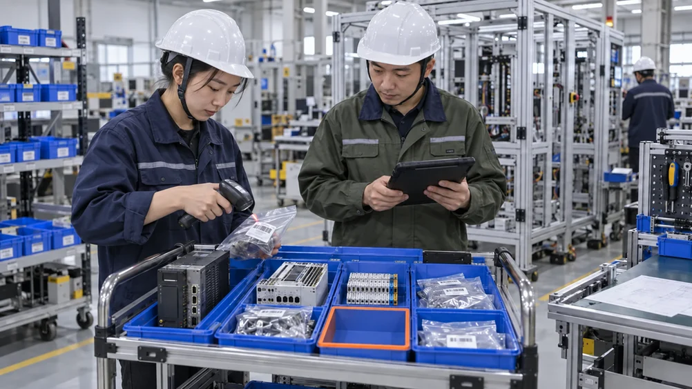 工单齐套备料场景示意：佩戴安全帽的仓储与装配人员在线边料车旁扫码核对电控组件及缺料位置。