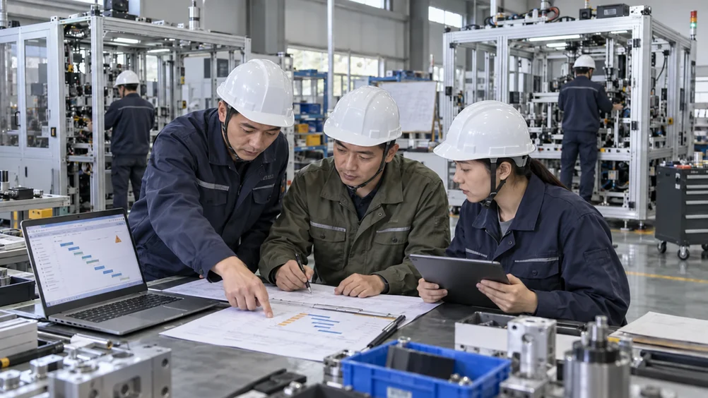 订单交付协同场景示意:佩戴安全帽的项目、生产与物料人员在车间核对交付节点和设备进度。